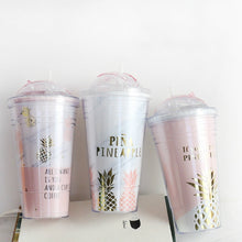 Load image into Gallery viewer, Creative Coffee Mugs Free Plastic Water Bottle Pink Pineapple Pattern Straw Travel Portable Tea Milk Cup Drinkware 420ML CL11151